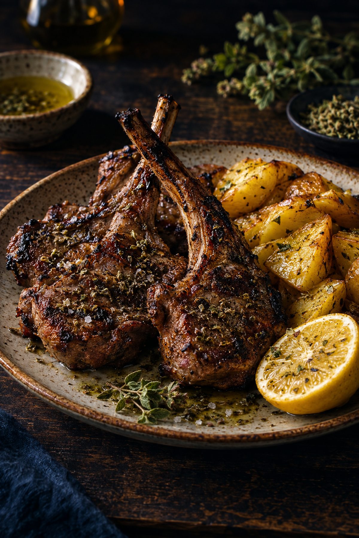 Charcoal-grilled lamb chops with oregano and Greek lemon potatoes